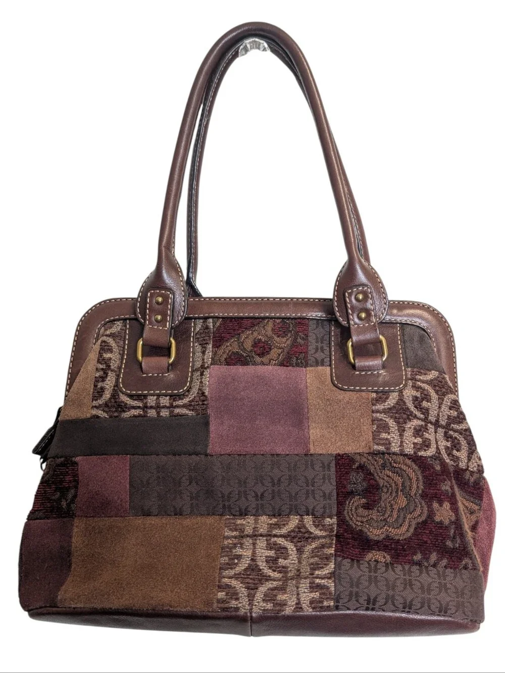 Fossil Suede Tapestry Patchwork Satchel Purse Handbag Boho